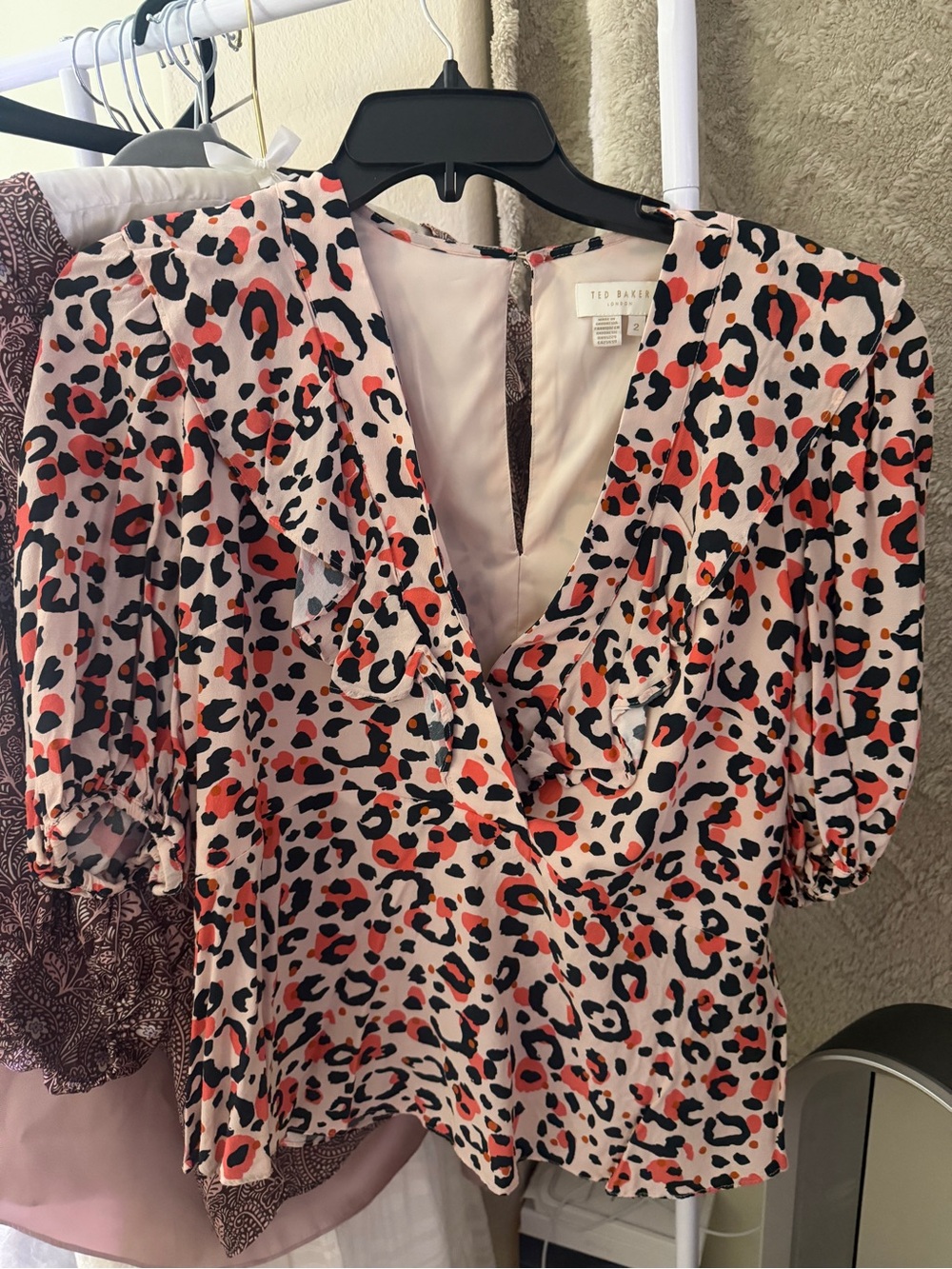 Ted Baker Pink and Black Leopard Ruffle V-Neck Blouse